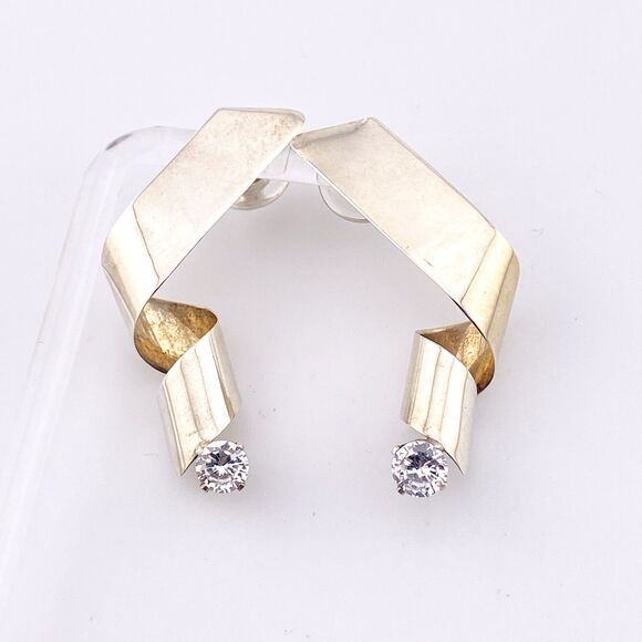 Sterling Silver Modernist Spiral Earrings Large CZ Posts Signed CCV - Picture 1 of 4